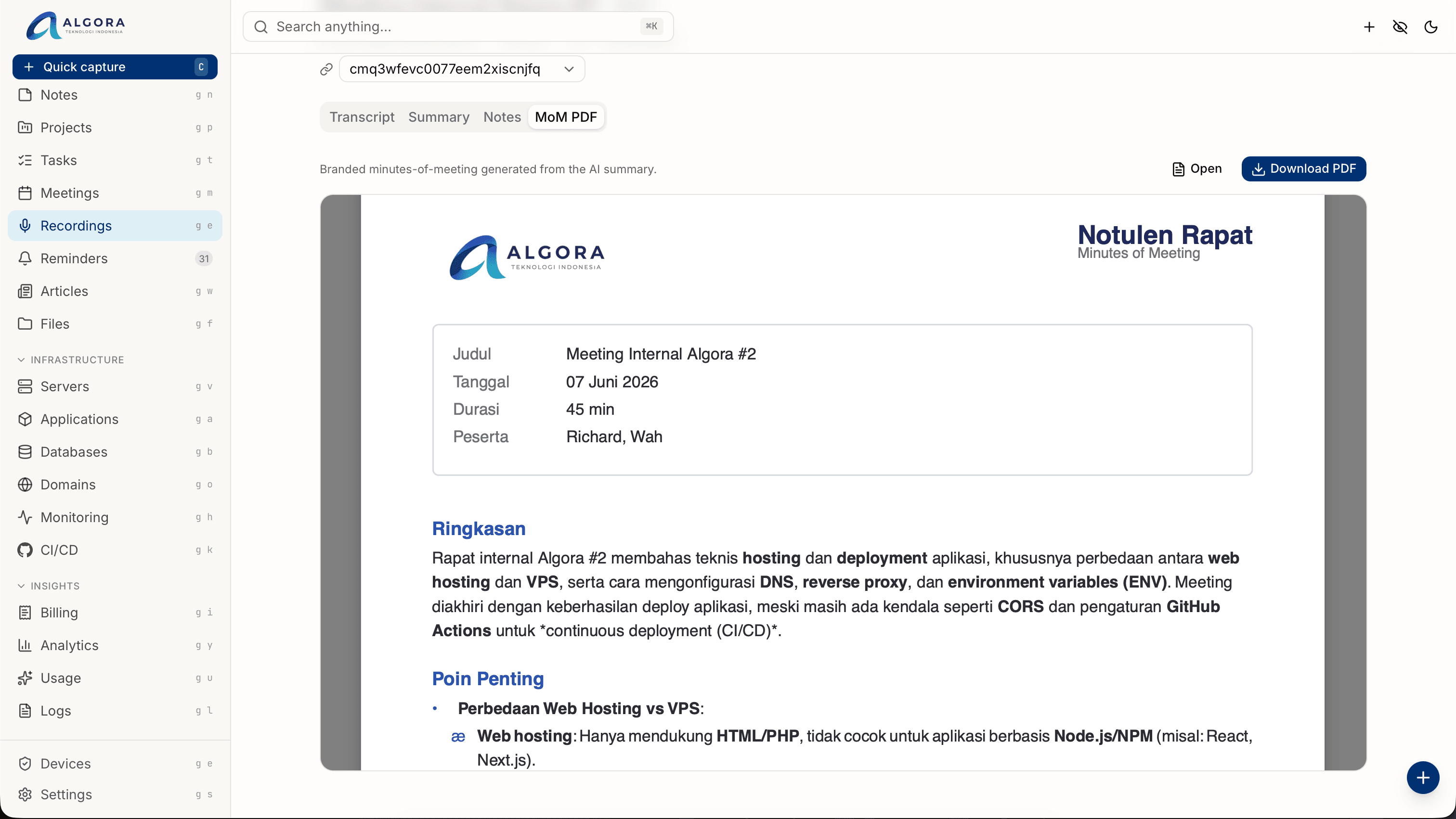 Aplikasi AI — notula rapat otomatis