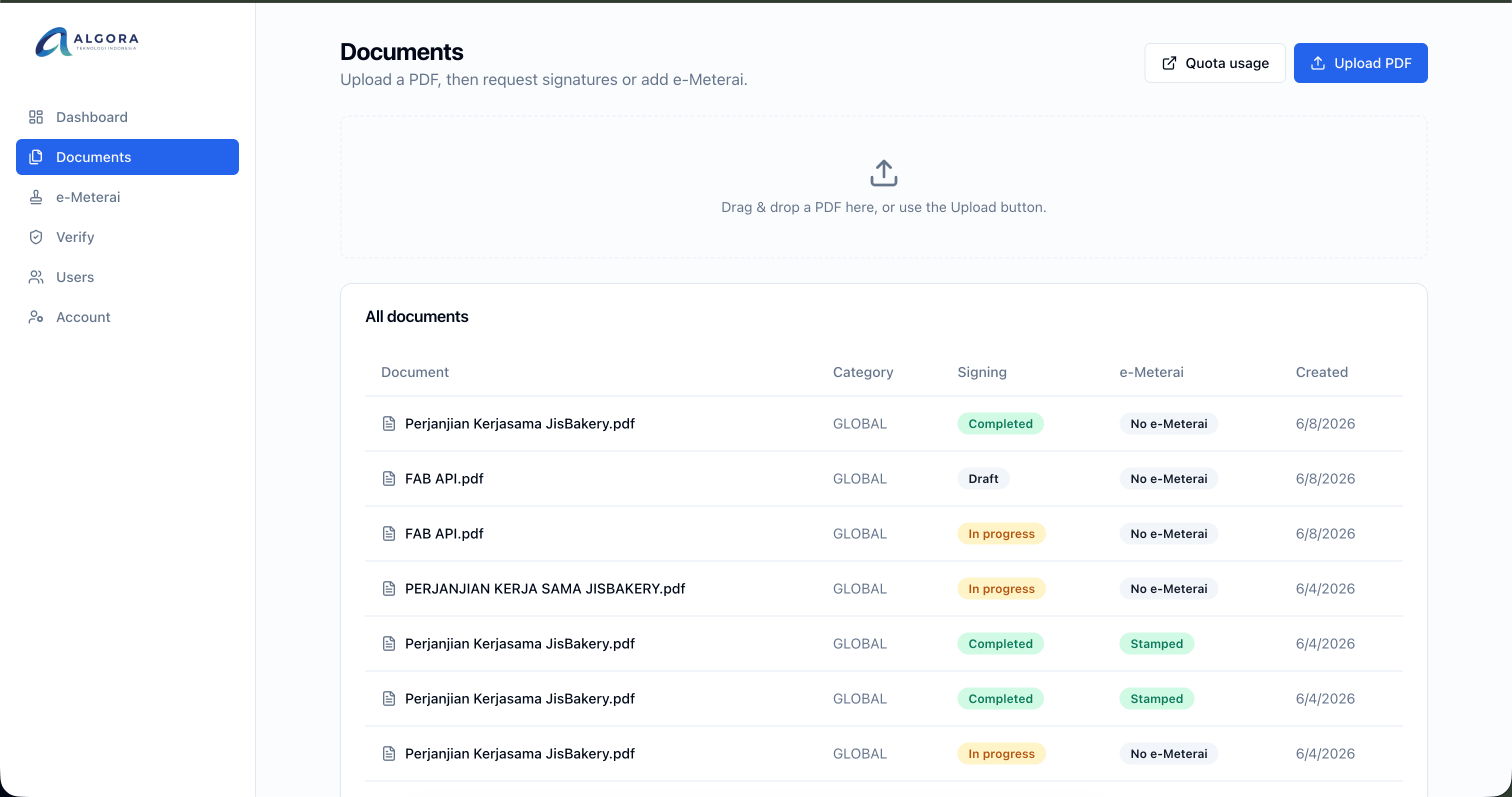 Aplikasi e-sign — daftar dokumen dan status tanda tangan