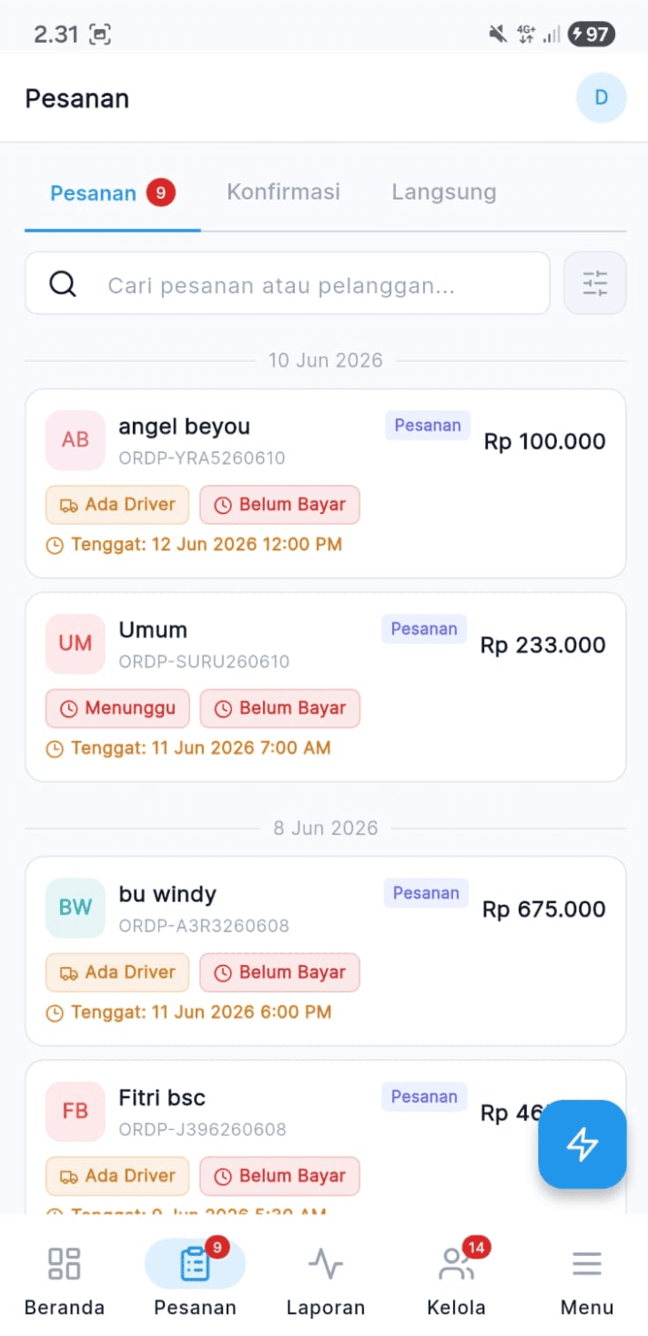 Aplikasi retail/POS — daftar pesanan dan pembayaran